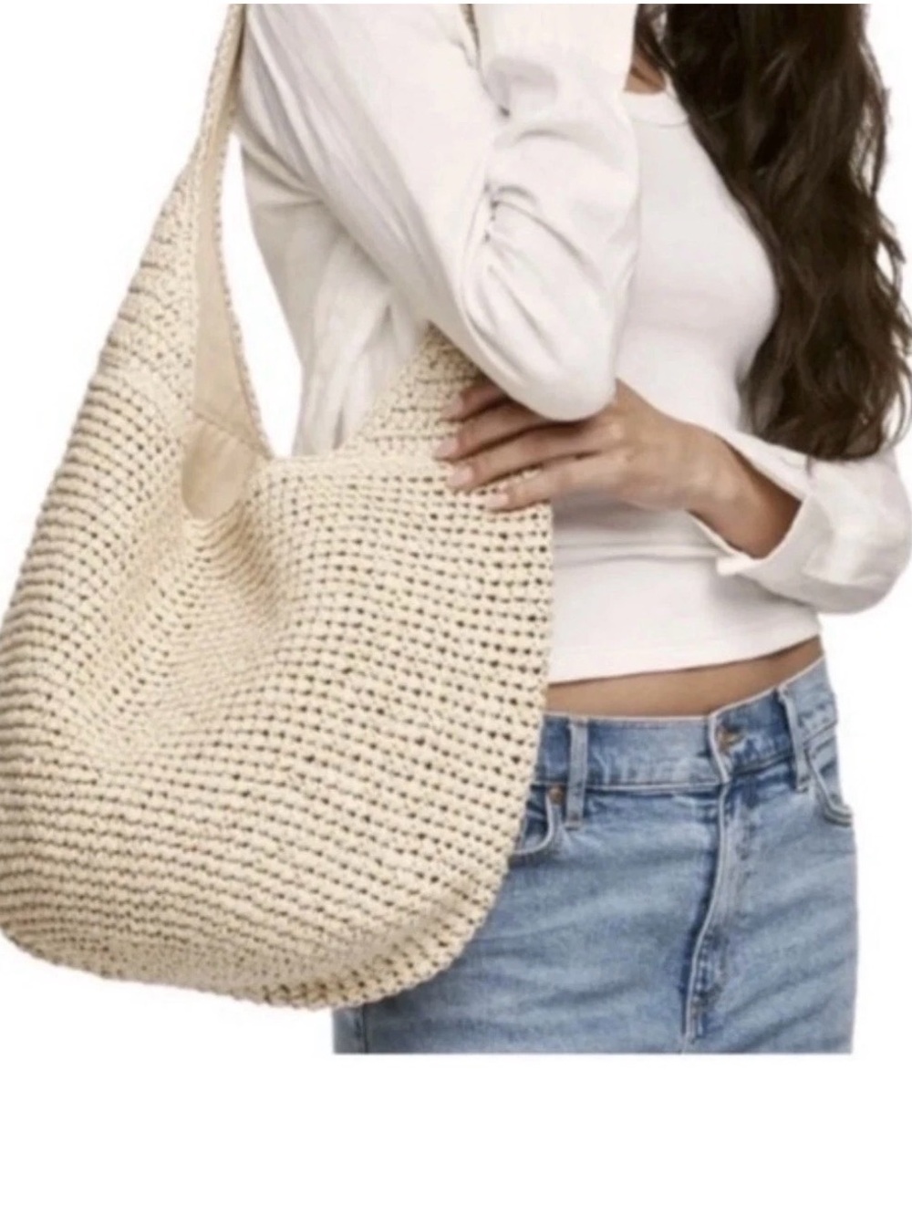 BANANA REPUBLIC RAFFIA TOTE BAG Boho Crochet Shoulder Bag — Cream Straw Tote - Picture 3 of 14